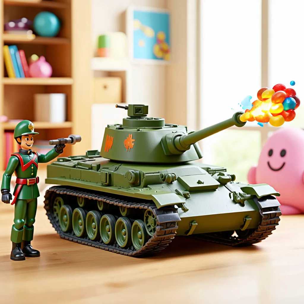 toy soldier as a 3d illustration with toy tank in the background on in a children's room the tank is firing candy and a giant marshmallow figure and the soldiers in the background have differentt expressions