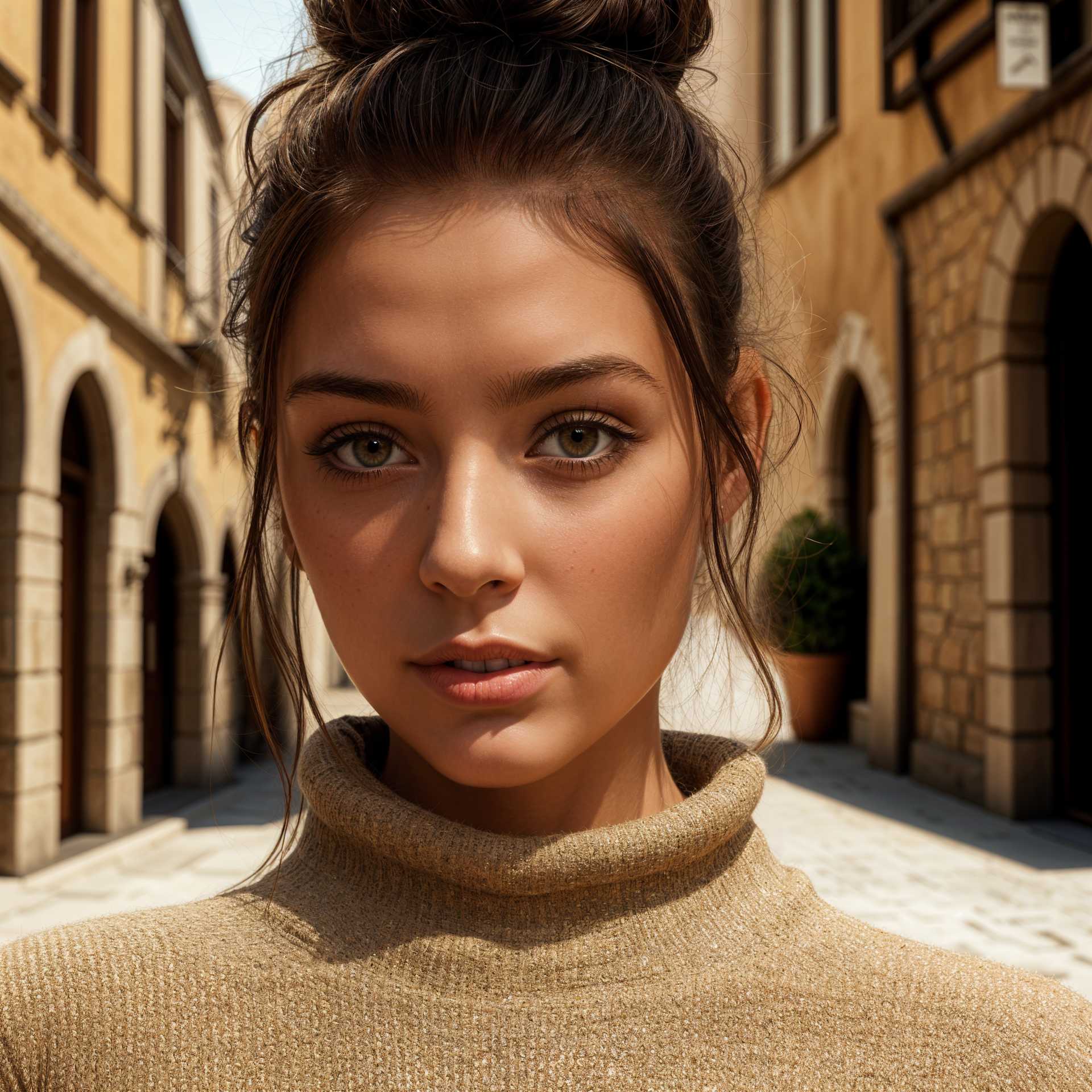 Elegant Updo and Turtleneck: A Portrait of Urban Chic