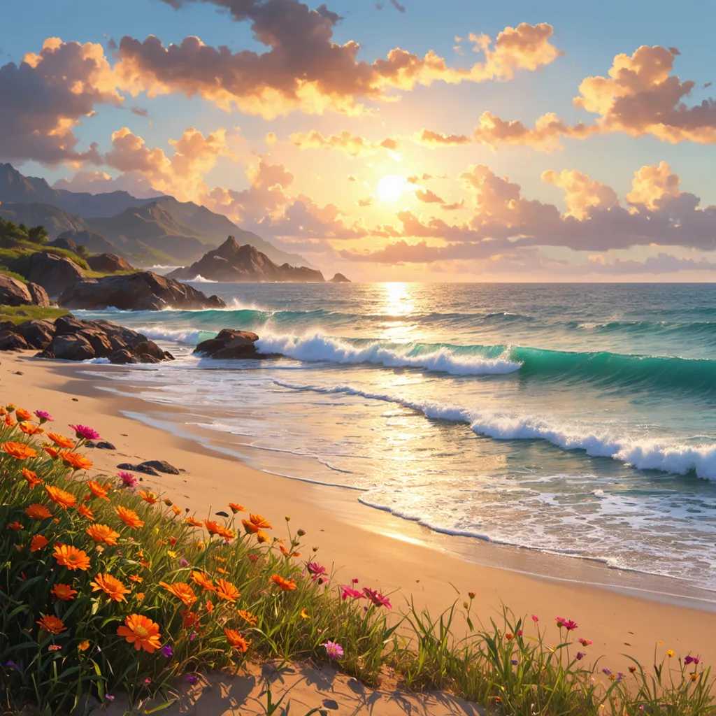This is an enchanting and vibrant digital painting that captures a breathtaking seascape at sunset. The art style is reminiscent of fantasy realism, with a touch of surrealism, as it blends natural elements with a flourish of imagination.

The medium appears to be digital painting software, given the smooth gradients and seamless blending of colors. The use of light and shadow is masterful, creating a sense of depth and dimension that brings the scene to life.

The colors are rich and dynamic, with a warm palette that evokes feelings of tranquility and awe. The sky transitions from a deep, vibrant orange at the horizon, giving way to a softer, pastel pink as it rises higher. The ocean is a striking shade of turquoise, with white waves that stand out against the water, adding movement and energy to the scene. The rocks protruding from the water are a mix of browns and grays, providing a grounding contrast to the lighter colors.

The objects in the image are numerous and varied. In the foreground, there is a lush, colorful array of flowers in hues of orange, pink, and purple, bordering the sandy beach. These flowers add a burst of color and texture to the scene, drawing the viewer's eye and suggesting a sense of life and vitality.

The beach itself is a soft, golden brown, with gentle waves washing ashore, leaving behind a frothy white foam. The waves are depicted with a high level of detail, from the crests to the troughs, and the way they interact with the rocks and the shore.

In the middle ground, the ocean stretches out to meet the horizon, where the sun is setting. The sun itself is a brilliant orb, casting a warm, golden glow that reflects off the water's surface, creating shimmering patterns and highlights.

The background features majestic mountains that rise sharply from the water's edge, their silhouettes softened by the distance and the haze of the setting sun. The mountains are painted in a variety of greens and browns, with some areas highlighted in a warm, golden light that suggests the sun's rays are touching the peaks.

Overall, this image is a celebration of nature's beauty and the power of imagination. It invites the viewer to pause and appreciate the serene and awe-inspiring moment captured in this digital masterpiece.