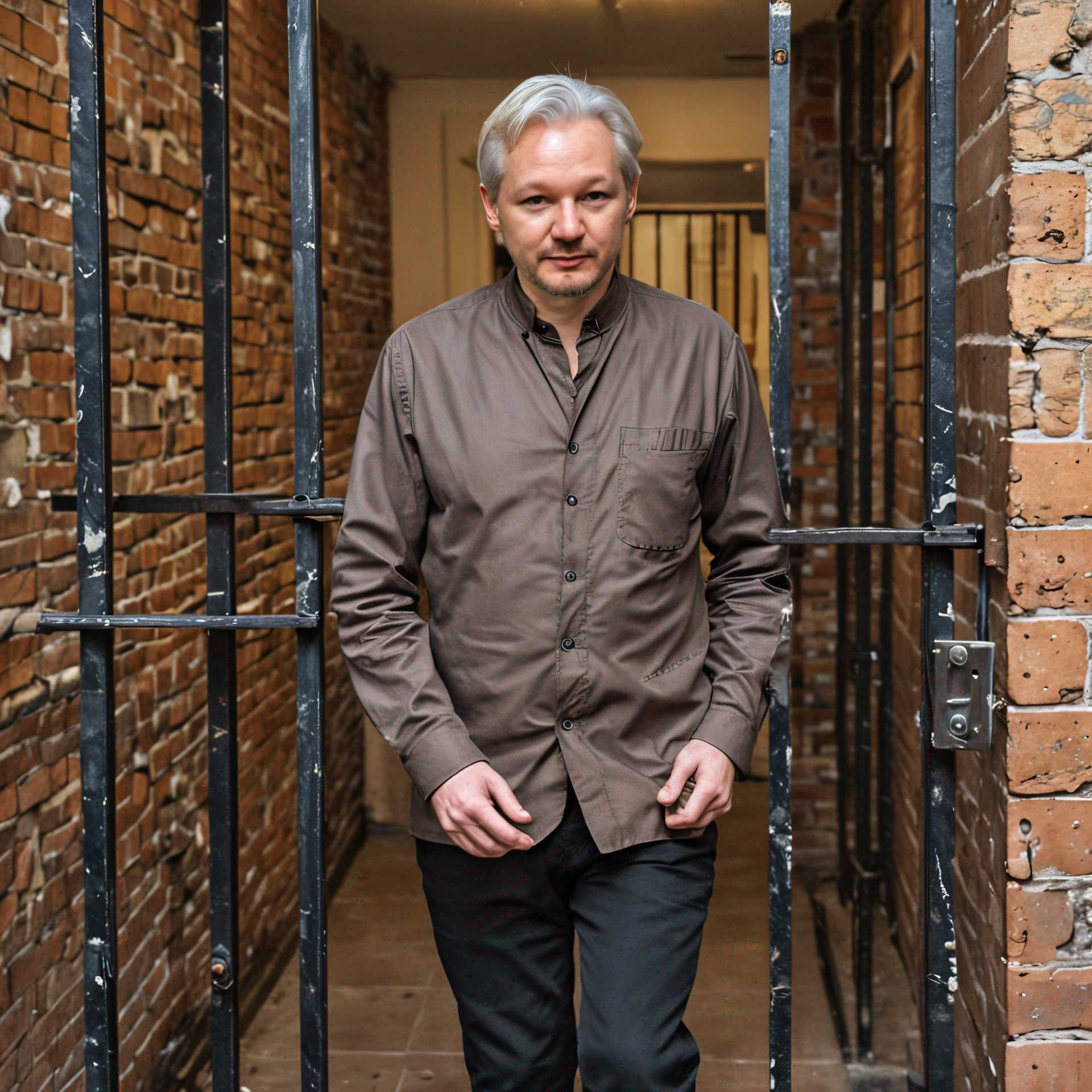Julian Assange Standing in an Urban Corridor