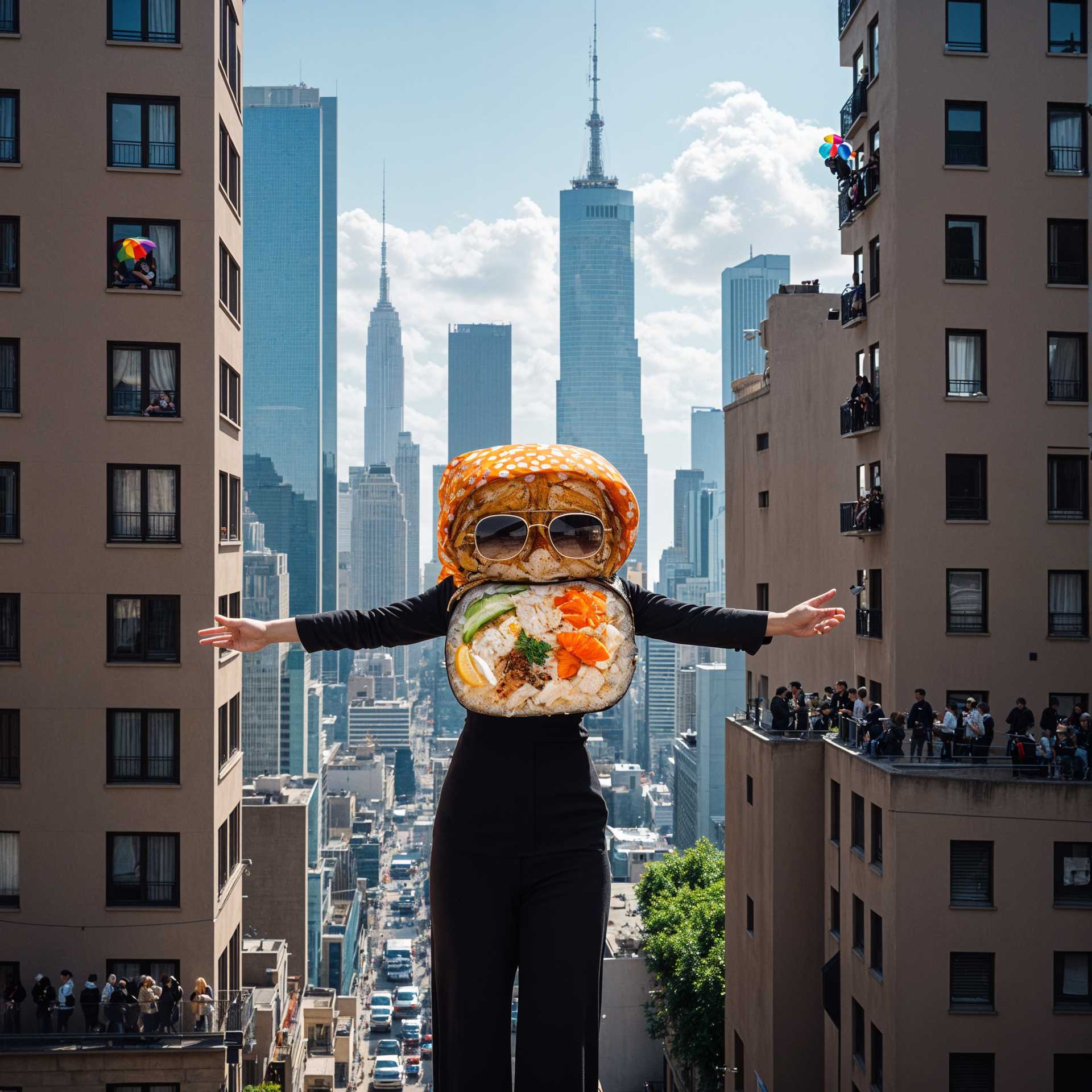 Surreal Cityscape with a Whimsical Sushi Burrito Character