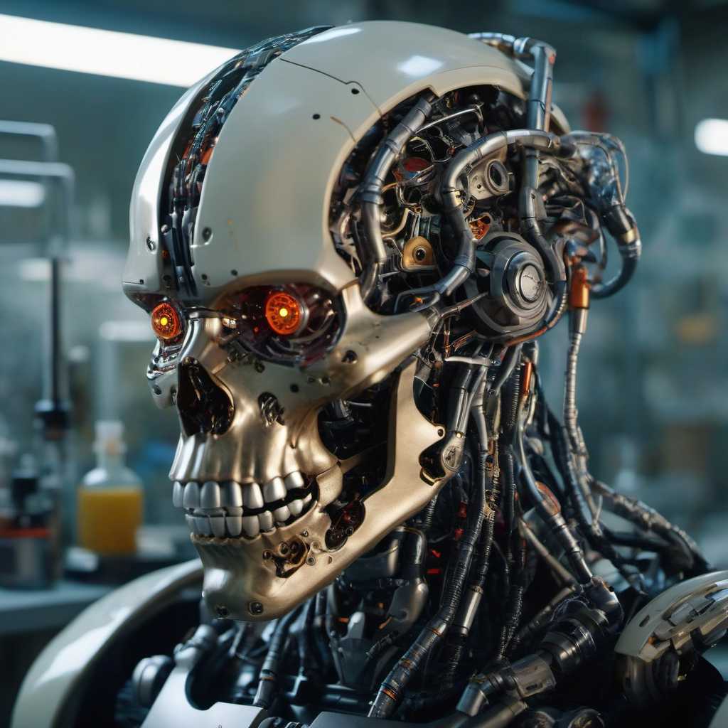 Cyberpunk, sci-fi, dark-fantasy, kodak portrait 400, 8k, soft light, volumetric lighting, highly detailed, britt marling style 3/4, portrait photo of a war man cyborg robot in a chemical laboratory + face, face is skullbone with scares, intricate, elegant, highly detailed, devil-armor, 2D motifs detailed dark fantasy digital painting, artstation, concept art, smooth, sharp focus, illustration, art by Otomo Katsuhiro and ShirÅ Masamune and Oshii Mamoru. Cosmic light in backfront