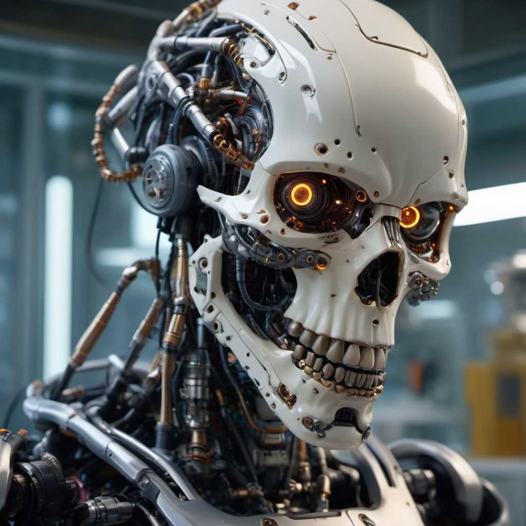 Cyberpunk, sci-fi, dark-fantasy, kodak portrait 400, 8k, soft light, volumetric lighting, highly detailed, britt marling style 3/4, portrait photo of a war man cyborg robot in a chemical laboratory + face, face is skullbone with scares, intricate, elegant, highly detailed, devil-armor, 2D motifs detailed dark fantasy digital painting, artstation, concept art, smooth, sharp focus, illustration, art by Otomo Katsuhiro and ShirÅ Masamune and Oshii Mamoru. Cosmic light in backfront