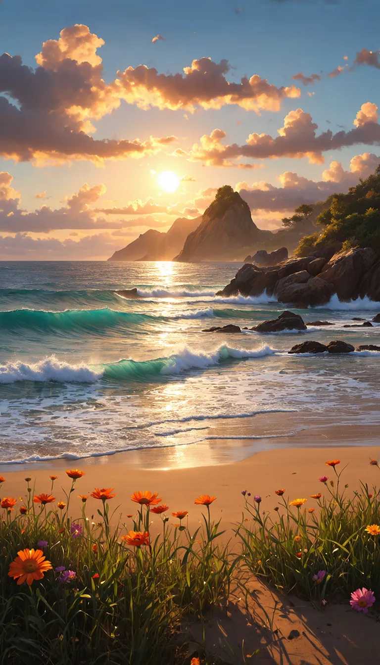 This is an enchanting and vibrant digital painting that captures a breathtaking seascape at sunset. The art style is reminiscent of fantasy realism, with a touch of surrealism, as it blends natural elements with a flourish of imagination.  The medium appears to be digital painting software, given the smooth gradients and seamless blending of colors. The use of light and shadow is masterful, creating a sense of depth and dimension that brings the scene to life.  The colors are rich and dynamic, with a warm palette that evokes feelings of tranquility and awe. The sky transitions from a deep, vibrant orange at the horizon, giving way to a softer, pastel pink as it rises higher. The ocean is a striking shade of turquoise, with white waves that stand out against the water, adding movement and energy to the scene. The rocks protruding from the water are a mix of browns and grays, providing a grounding contrast to the lighter colors.  The objects in the image are numerous and varied. In the foreground, there is a lush, colorful array of flowers in hues of orange, pink, and purple, bordering the sandy beach. These flowers add a burst of color and texture to the scene, drawing the viewer's eye and suggesting a sense of life and vitality.  The beach itself is a soft, golden brown, with gentle waves washing ashore, leaving behind a frothy white foam. The waves are depicted with a high level of detail, from the crests to the troughs, and the way they interact with the rocks and the shore.  In the middle ground, the ocean stretches out to meet the horizon, where the sun is setting. The sun itself is a brilliant orb, casting a warm, golden glow that reflects off the water's surface, creating shimmering patterns and highlights.  The background features majestic mountains that rise sharply from the water's edge, their silhouettes softened by the distance and the haze of the setting sun. The mountains are painted in a variety of greens and browns, with some areas highlighted in a warm, golden light that suggests the sun's rays are touching the peaks.  Overall, this image is a celebration of nature's beauty and the power of imagination. It invites the viewer to pause and appreciate the serene and awe-inspiring moment captured in this digital masterpiece.