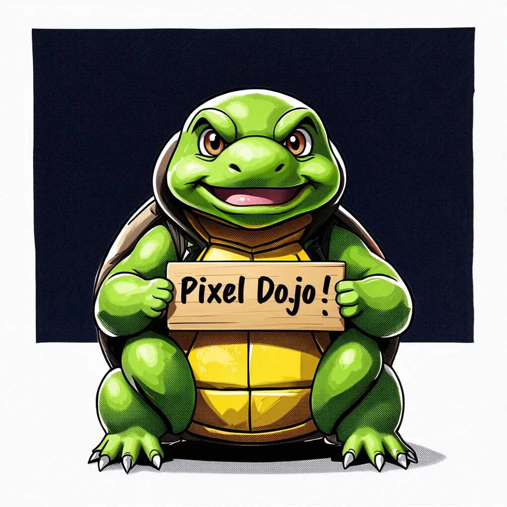 a portrait photo of an anthropomorphic tortoise holding a sign reading "Pixel Dojo!"