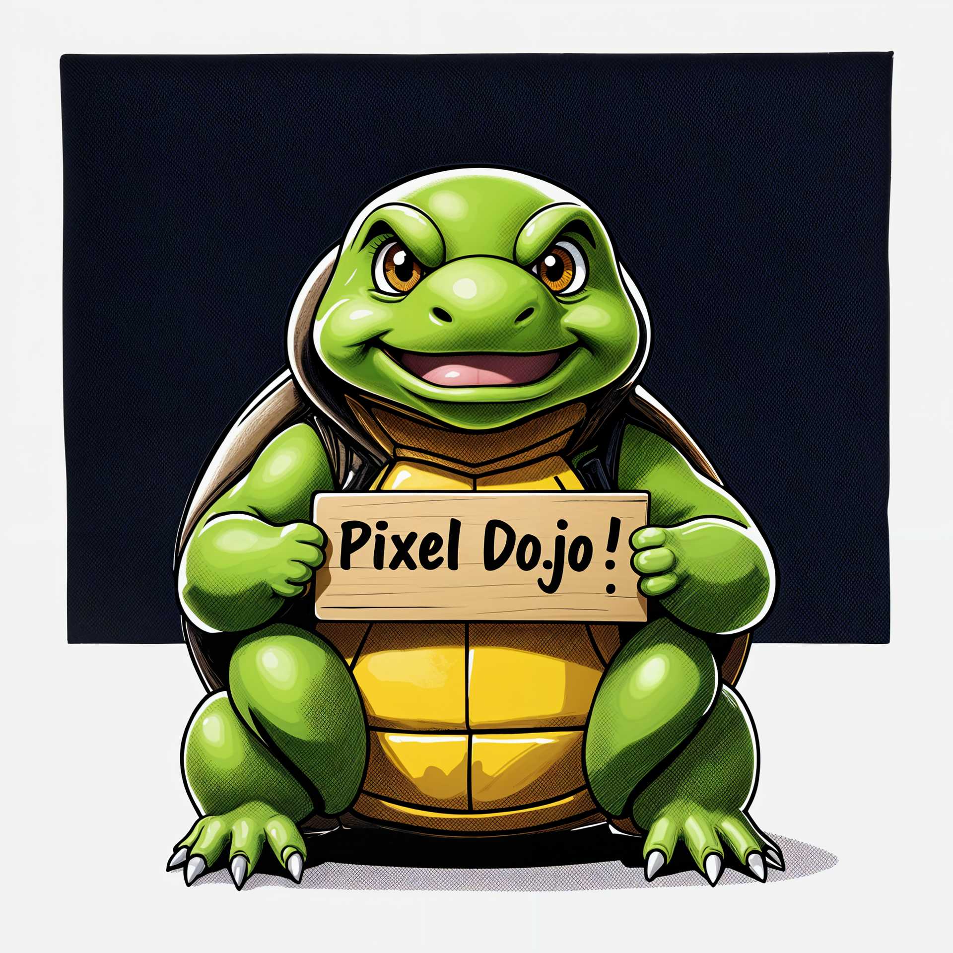 Cheerful Turtle with 'Pixel Dojo!' Sign