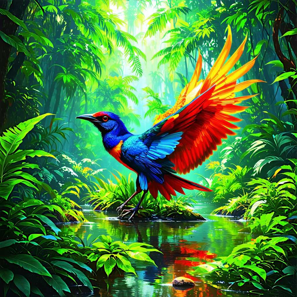 this dreamlike digital art captures a vibrant, kaleidascopic bird in a lush rainforest
