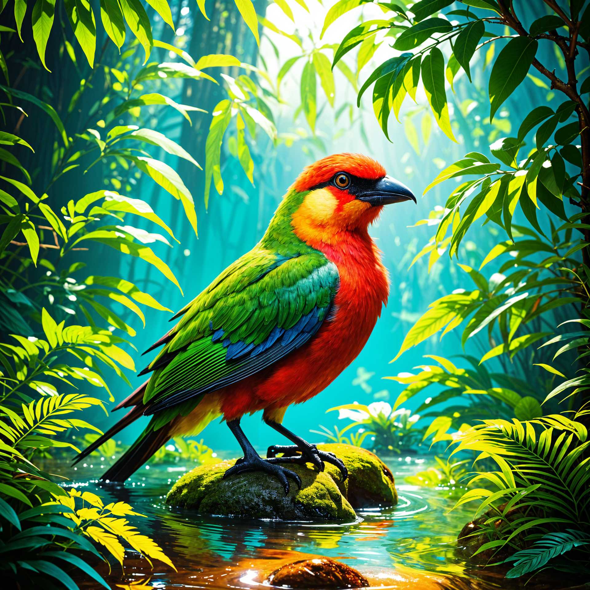 Vibrant Parrot with Lush Greenery in a Sunlit Forest".