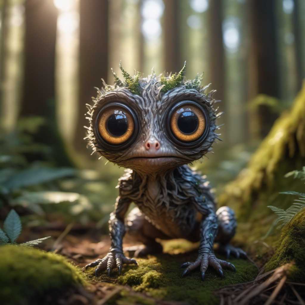 Medium shot, Adorable creature with big reflective eyes, moody lighting, best quality, full body portrait, real picture, intricate details, depth of field, in a forest, fujifilm xt3, outdoors, bright day, beautiful lighting, raw photo, 8k uhd, film grain, unreal engine 5, ray tracing