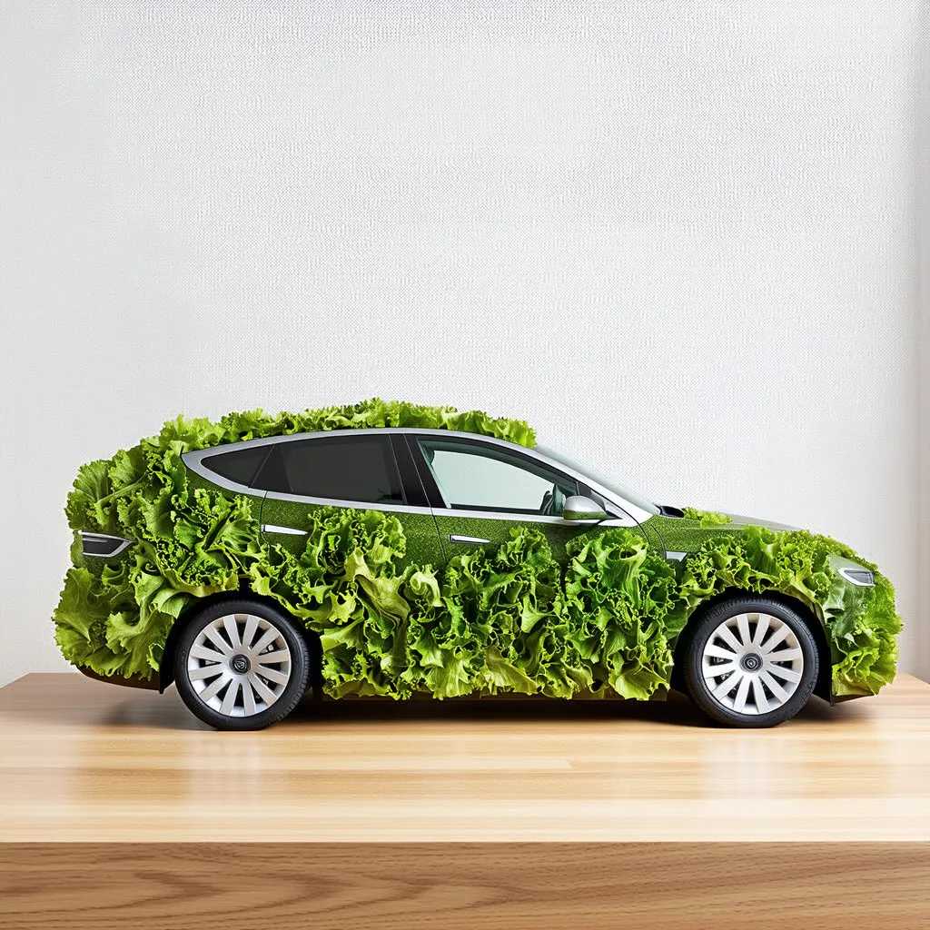 a Tesla made out of vegetables