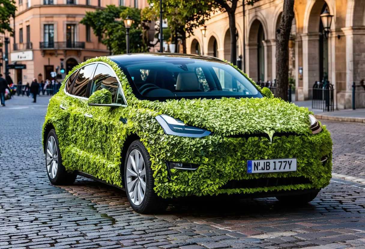 a Tesla Model X made out of vegetables, parked on a cobblestone street in Lisbon Portugal at dusk