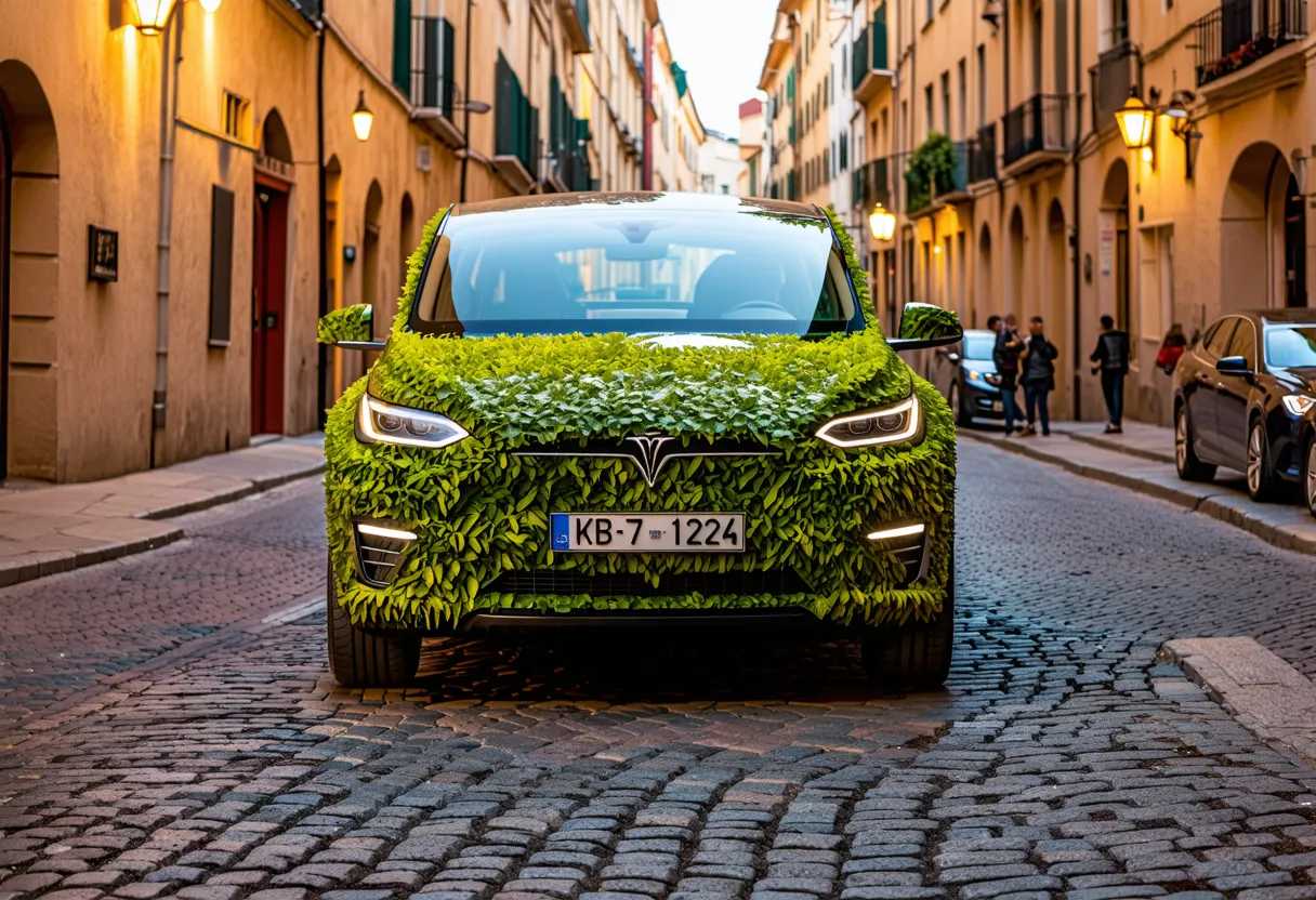 a Tesla Model X made out of vegetables, parked on a cobblestone street in Lisbon Portugal at dusk
