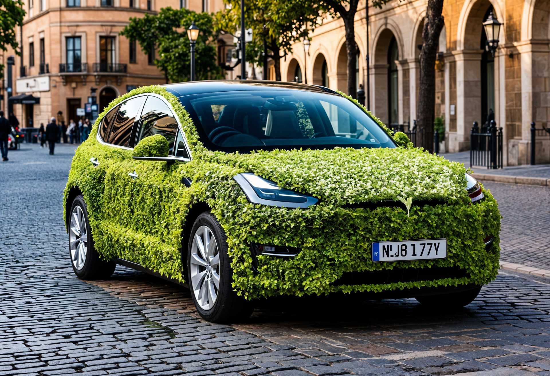 Eco-friendly Tesla SUV Enveloped in Lush Greenery on a City Street