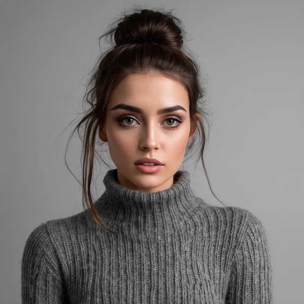 This image is a close-up portrait of a person with a neutral background. The subject is wearing a grey, ribbed, high-neck sweater that appears to be made of a soft, knit fabric. The sweater's texture is visible, with the raised knit pattern creating a subtle contrast against the smooth skin of the subject.

The subject's hair is styled in a messy bun, with strands escaping the bun and framing the face. The hair color is dark, possibly black or dark brown, and the texture appears to be fine and straight. The lighting on the hair is soft, with a gentle highlight on the top of the bun, giving it a three-dimensional appearance.

The subject's makeup is done in a natural style, with a focus on the eyes. The eyebrows are well-groomed and filled in, with a slight arch. The eyeshadow is subtle, with a soft, neutral palette that complements the subject's skin tone. The eyeliner is defined, with a winged look that adds a touch of drama. The mascara is volumizing, giving the lashes length and volume. The lips are coated in a nude lipstick, which adds a soft, natural finish to the overall makeup look.

The subject's skin is flawless, with a smooth, even complexion. The lighting on the skin is soft and diffused, with a subtle glow that highlights the subject's features without harshness.

The overall art style of the image is realistic, with a focus on the textures and details of the subject's hair, makeup, and clothing. The medium appears to be a high-resolution photograph, with a shallow depth of field that blurs the background, drawing the viewer's attention to the subject's face and upper body. The colors in the image are muted, with a palette dominated by shades of grey, black, and subtle hints of neutral makeup tones. The lighting is soft and diffused, with a gentle highlight on the subject's hair and skin, and a shadow on the sweater that adds depth to the composition.