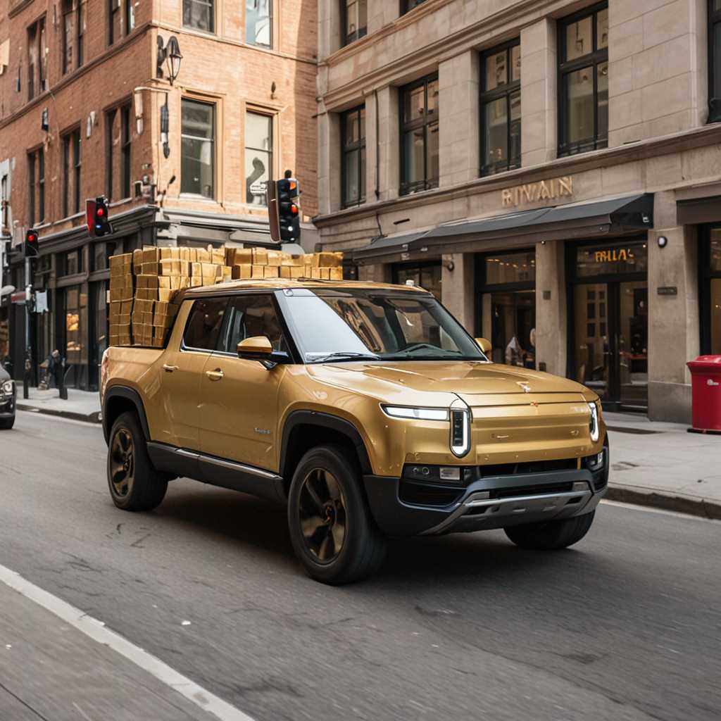 A photo of a rivian truck  driving on a street made of gold bars
