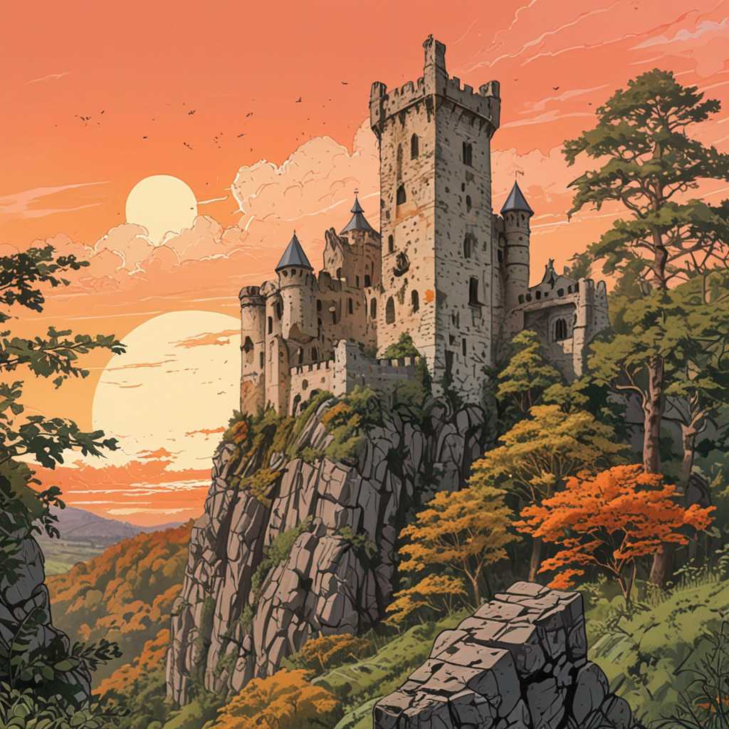 a hand-drawn illustration of a ruined castle, perched on a rock, surrounded by a lush forest and a beautiful orange sky.