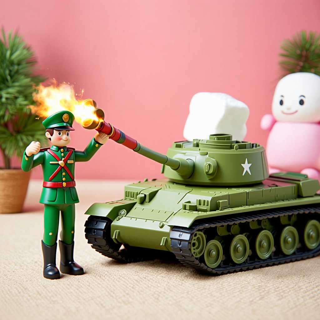 toy soldier as a 3d illustration with toy tank in the background on in a children's room the tank is firing candy and a giant marshmallow figure and the soldiers in the background have differentt expressions