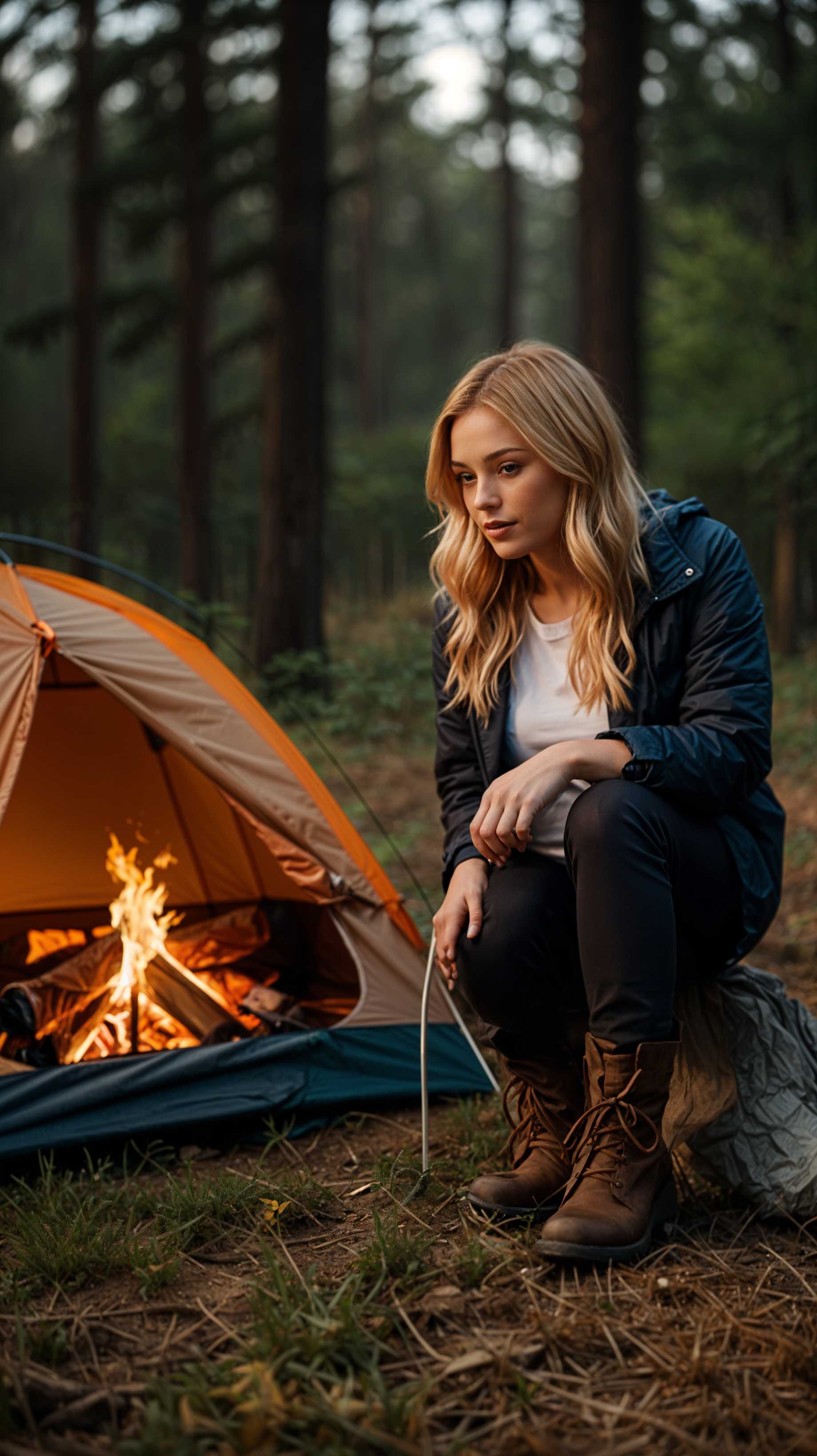 photo of a woman sitting next to a tent in the forest. masterpiece, best quality, highres, sharp image, more detail <lora:more_details:0.5> <lora:SDXLrender_v2.0:1>