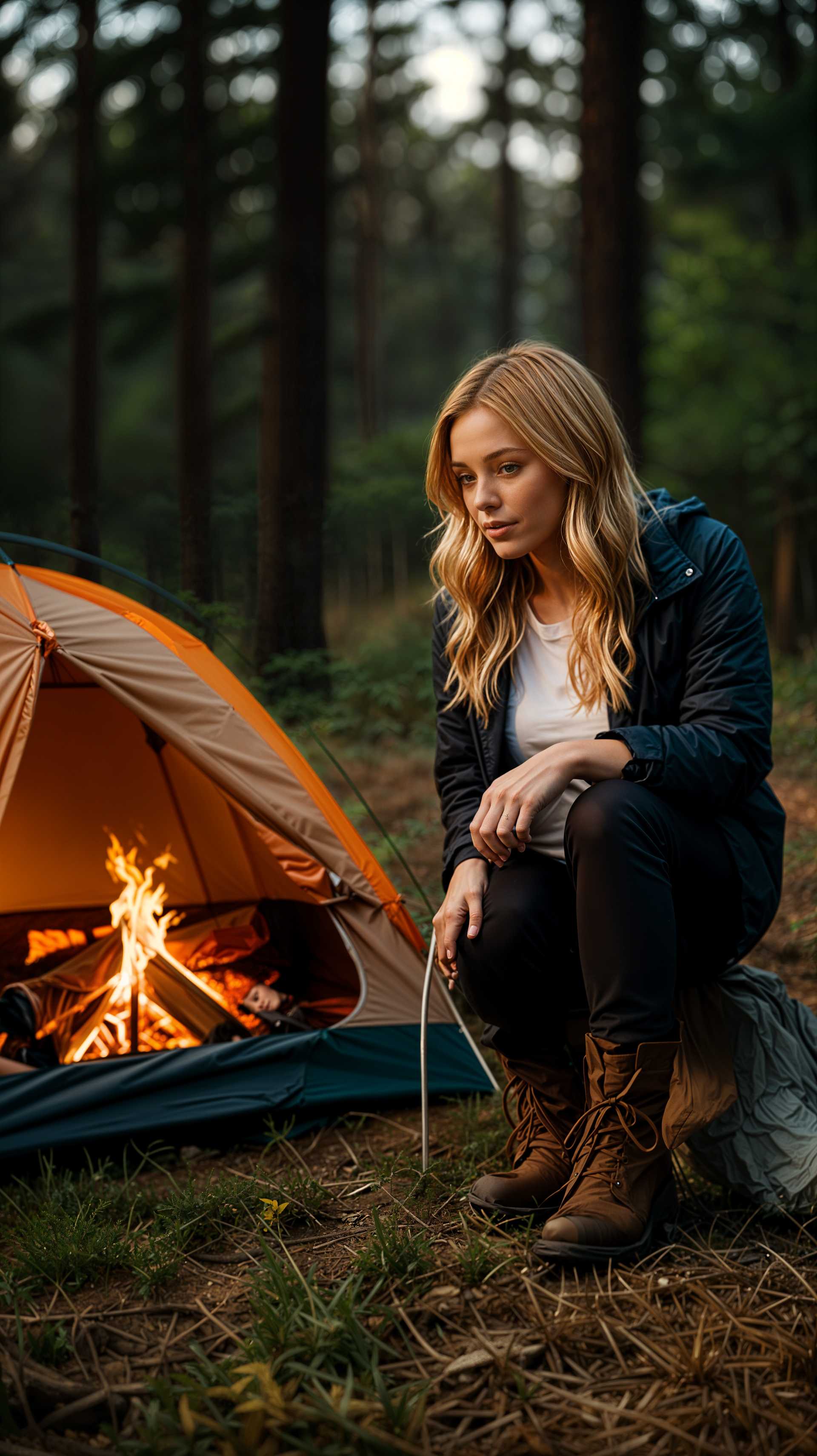 Contemplative Hiker by Campfire in a Forest