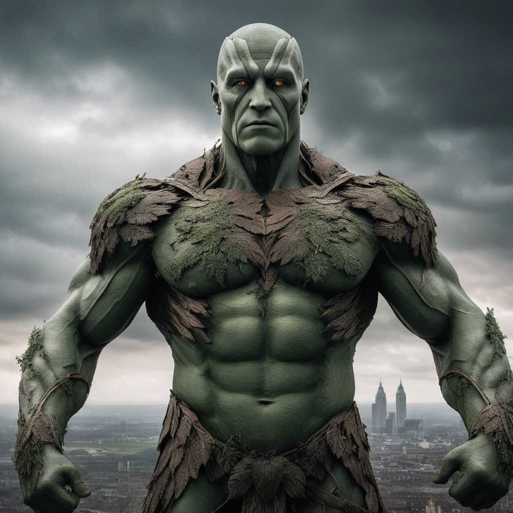 Show what the country of England would look like as a titan. This should be depicted by showing the face of one person (who is the titan). Make the characteristics clearly English and make the fact he is a titan also very clear. Who his full body and stature. Show the person with photographic realism, green