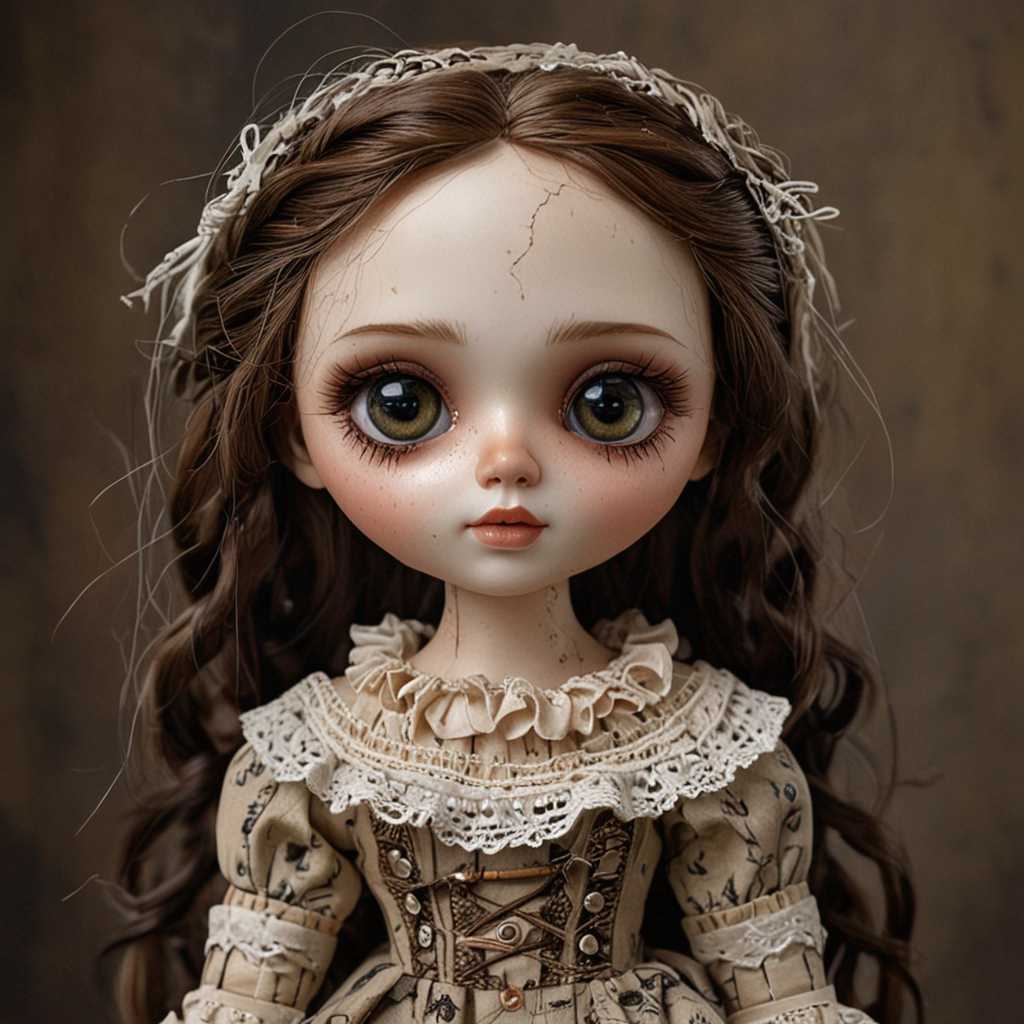 An exquisitely crafted, unique artistic doll with large, expressive eyes that showcase intricate details. The doll's pale complexion isaccentuated by the stitches running down its cheeks, lending it a haunting aura. Its long, dark hair is intricately braided, with two large, tattered bows sitting on either side. The doll is dressed in a vintage-inspired dress, featuring a crisscrossed neckline and adorned with a black ribbon. The muted background allows the doll to be the center of attention, capturing the viewer's imagination, brown