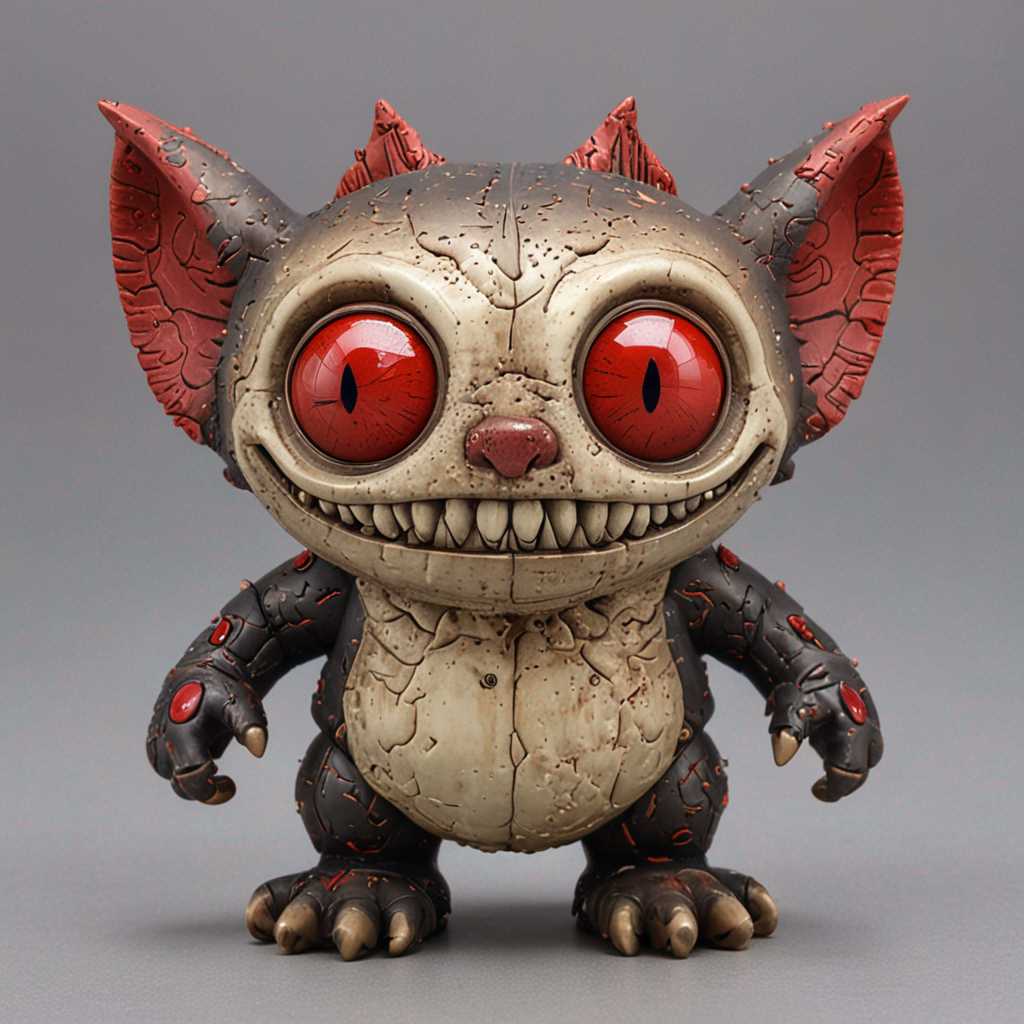 A creatively designed toy figurine with a round head and large, bulbous red eyes that sparkle with a glossy finish. The eyes have multiple stitches and are encircled by a worn-out texture. The toy sports a wide, toothy grin with sharp, jagged teeth and two small circular ears on top of its head. Its body is adorned with patches of faded green fabric, displaying visible stitches and seams. The backdrop features an old, weathered wall with peeling paint, adding a vintage and nostalgic touch to the scene.