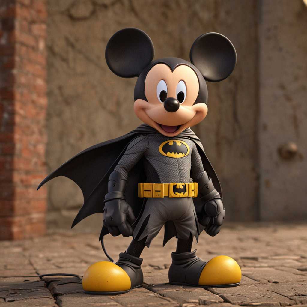 mickey dans le costume de Batman, dans un style film d'animation 3D pixar disney