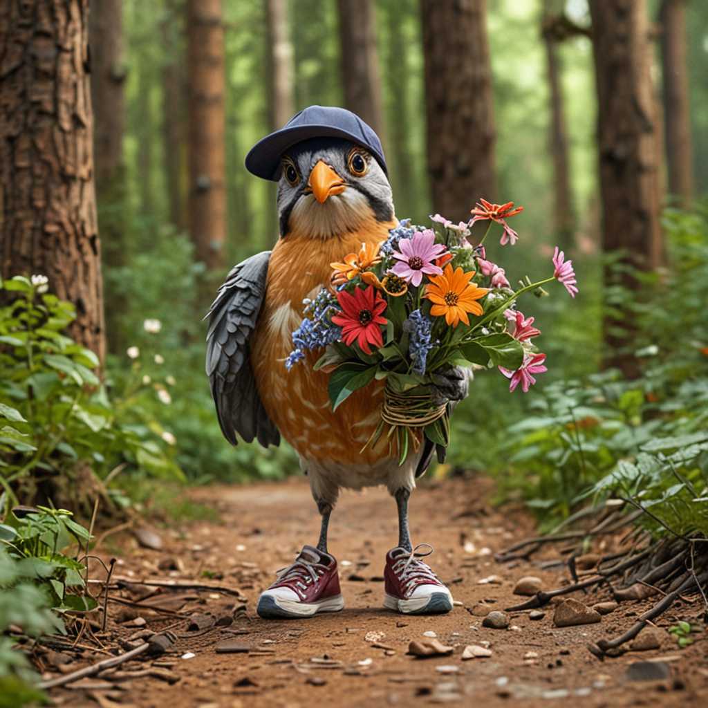 A heartwarming scene of a bird wearing a cap and sneakers carrying a bouquet of flowers. The scene takes place in a forest. The overall atmosphere is comfortable and cheerful, capturing the essence of summer and the joy of sharing a simple but thoughtful gesture.