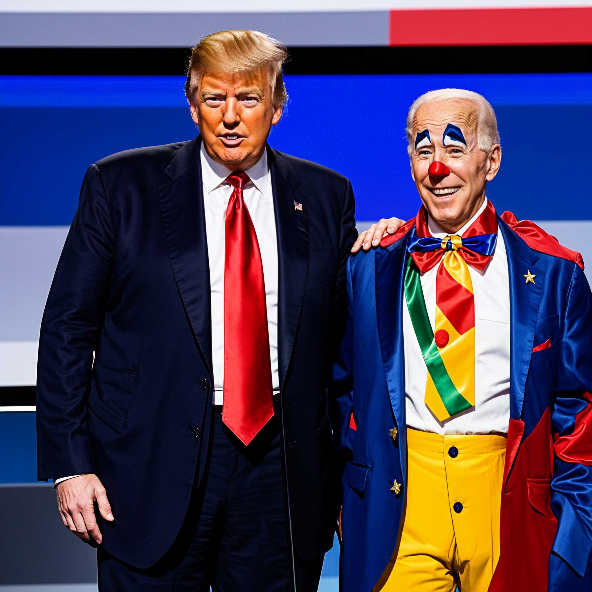Former Presidents Trump and Biden in a Rare Collaboration, Trump in a Sharp Suit and Biden as a Colorful Clown