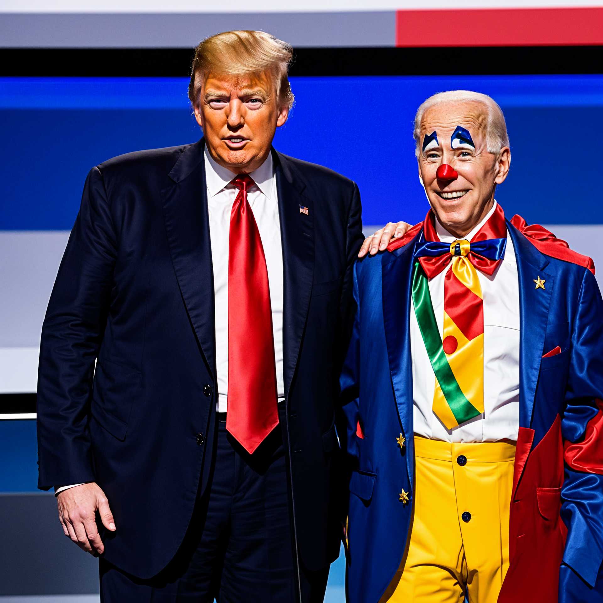 Former President Trump stands with a clown at a political rally.
