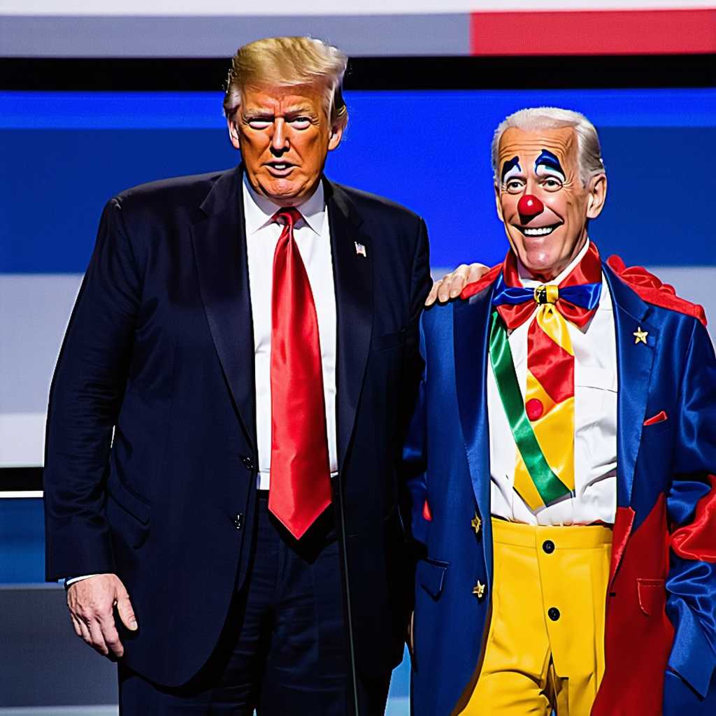 Donald trump standing next to joe biden who is dressed as a clown, masterpiece, best quality, highres, sharp image, more detail <lora:more_details:0.5> <lora:SDXLrender_v2.0:1>