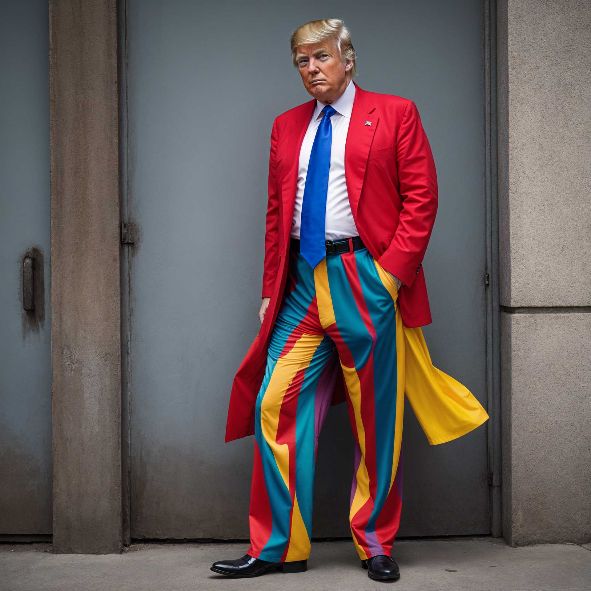 Colorful Fashion Statement: A Man in a Vivid Red Suit and Rainbow Pants