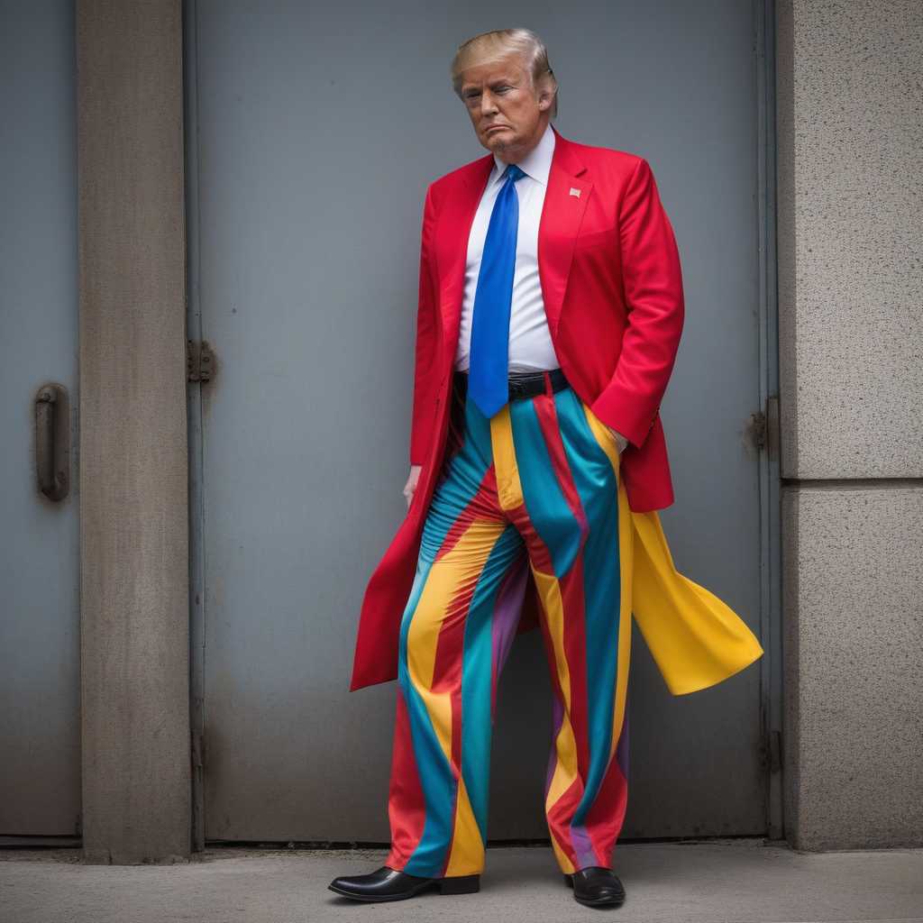 Colorful Fashion Statement: A Man in a Vivid Red Suit and Rainbow Pants
