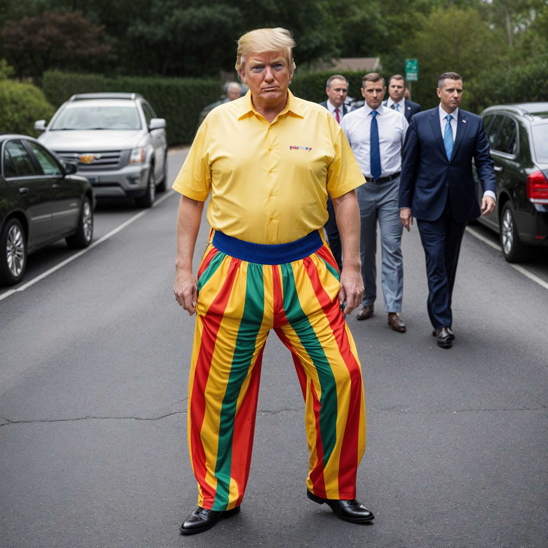 Surprise in the Parking Lot: A Man in Clown Pants Amidst Professionals