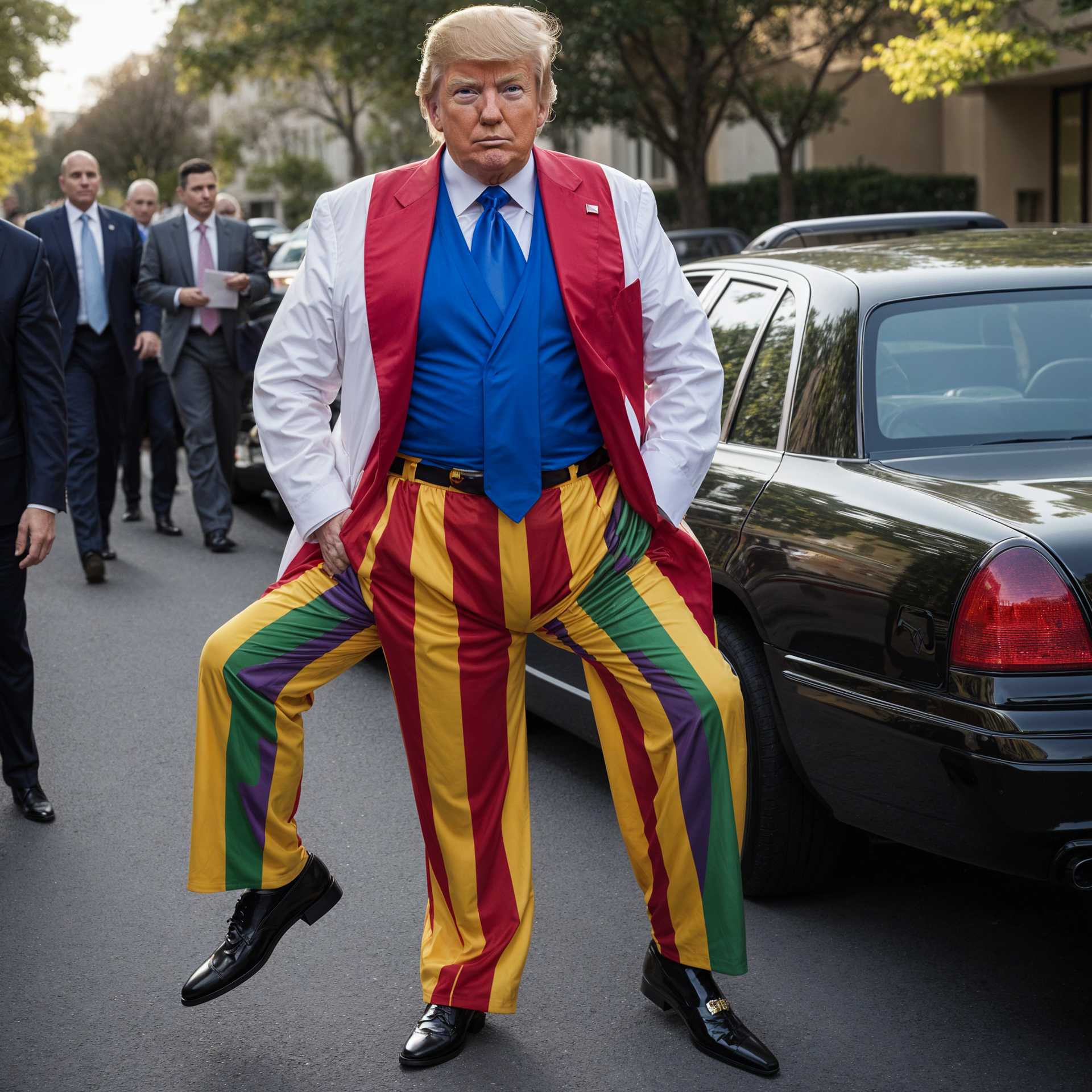 Individual in Vibrant Striped Pants and White Jacket Striking a Unique Pose by Car.