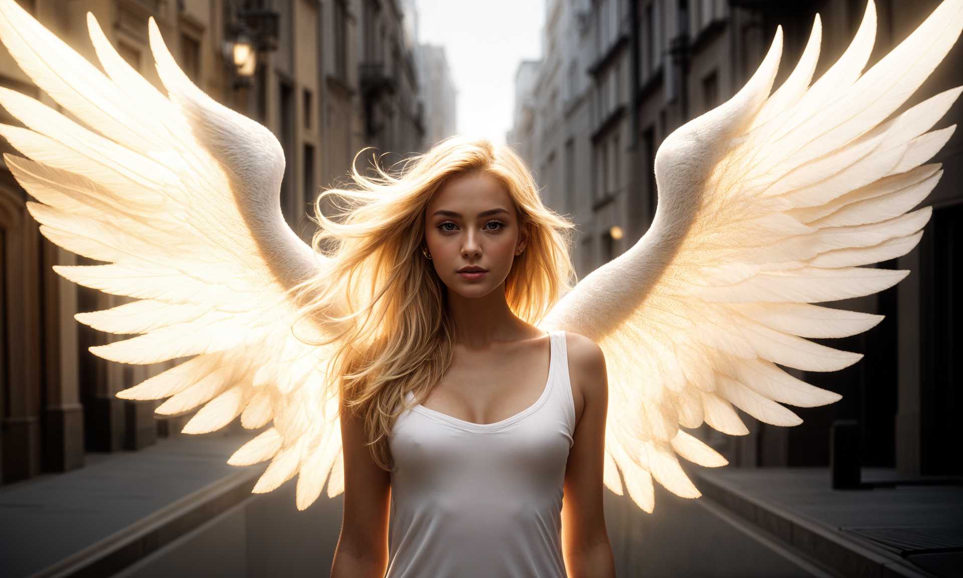 An ethereal presence: A figure with resplendent angel wings amidst a cityscape.