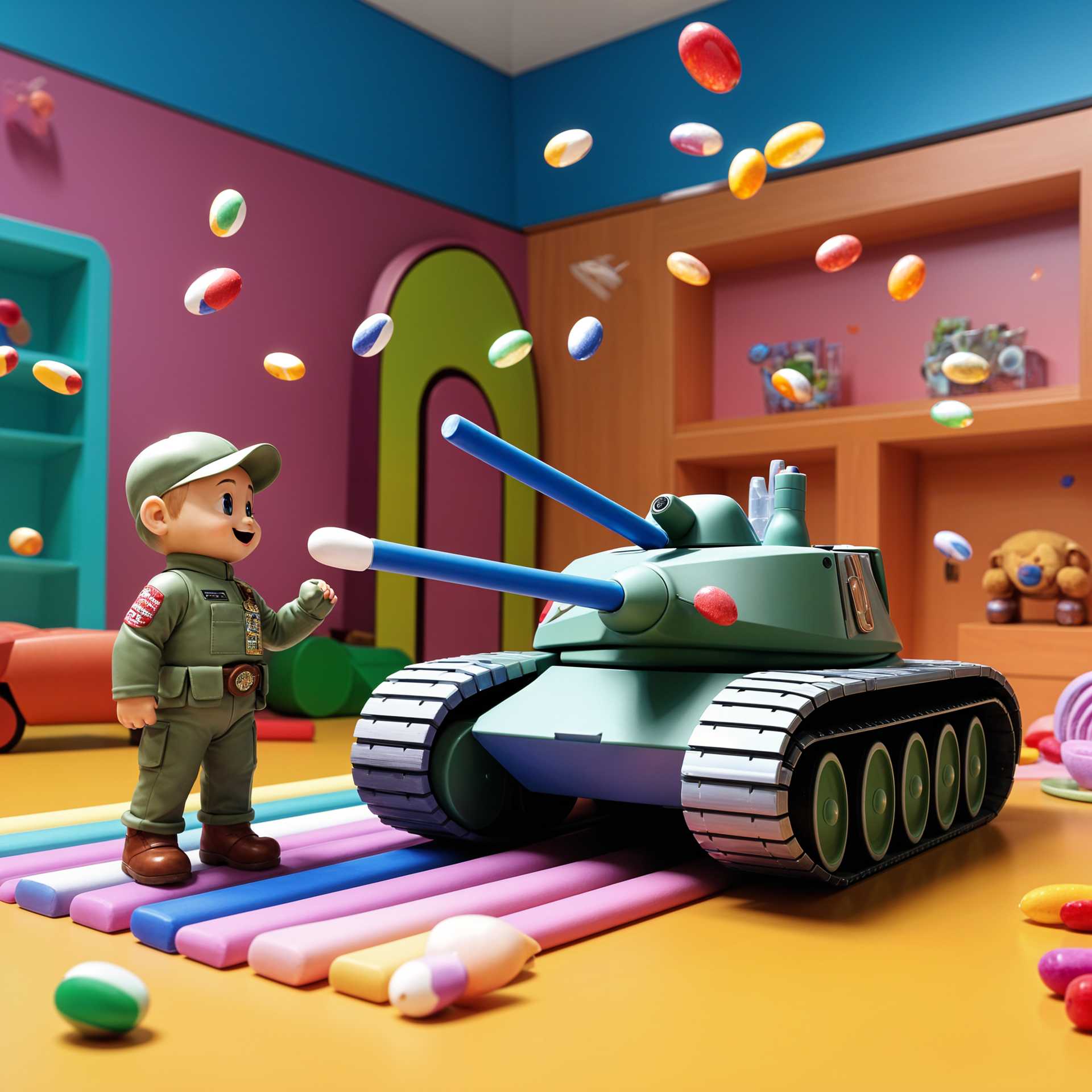 Colorful Candy Land: A whimsical toy soldier and tank amidst a sweet explosion