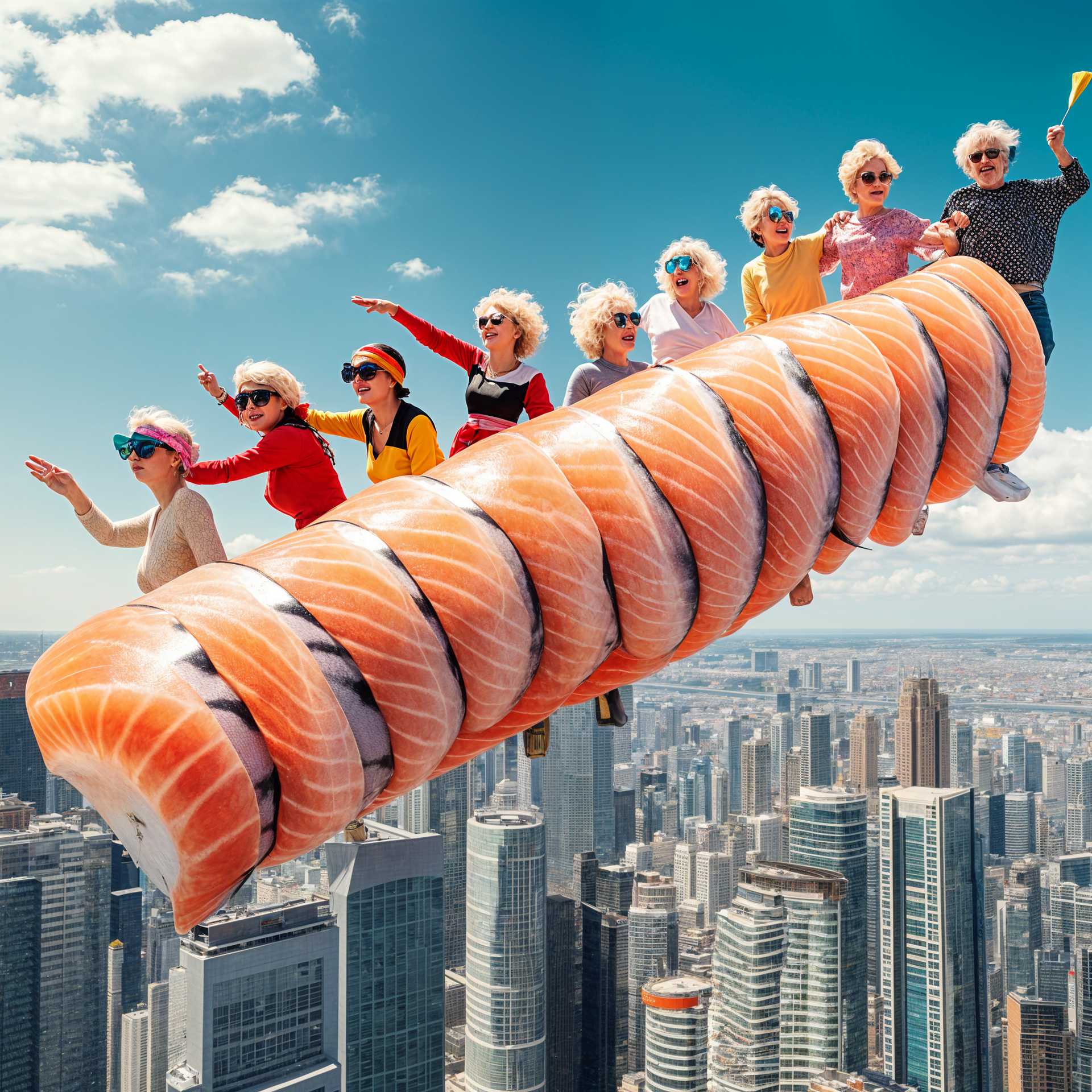 Spectacular Sushi Roll Soars Above Vibrant Cityscape