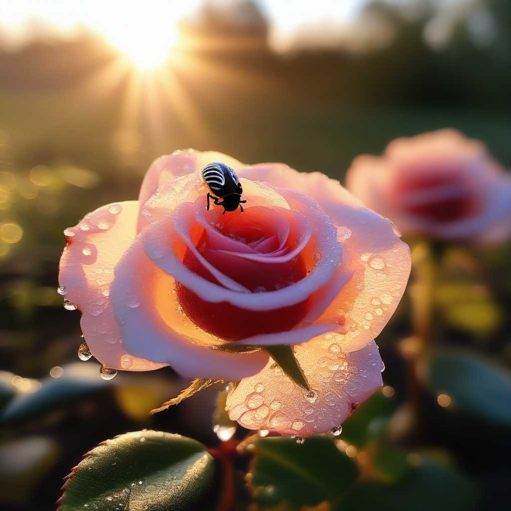 The sun is rising slightly, the dew on the rose petals in the garden is crystal clear, a ladybug is crawling towards the dew, the background is the morning garden, macro lens, masterpiece, best quality, highres, sharp image, more detail <lora:more_details:0.5> <lora:SDXLrender_v2.0:1>