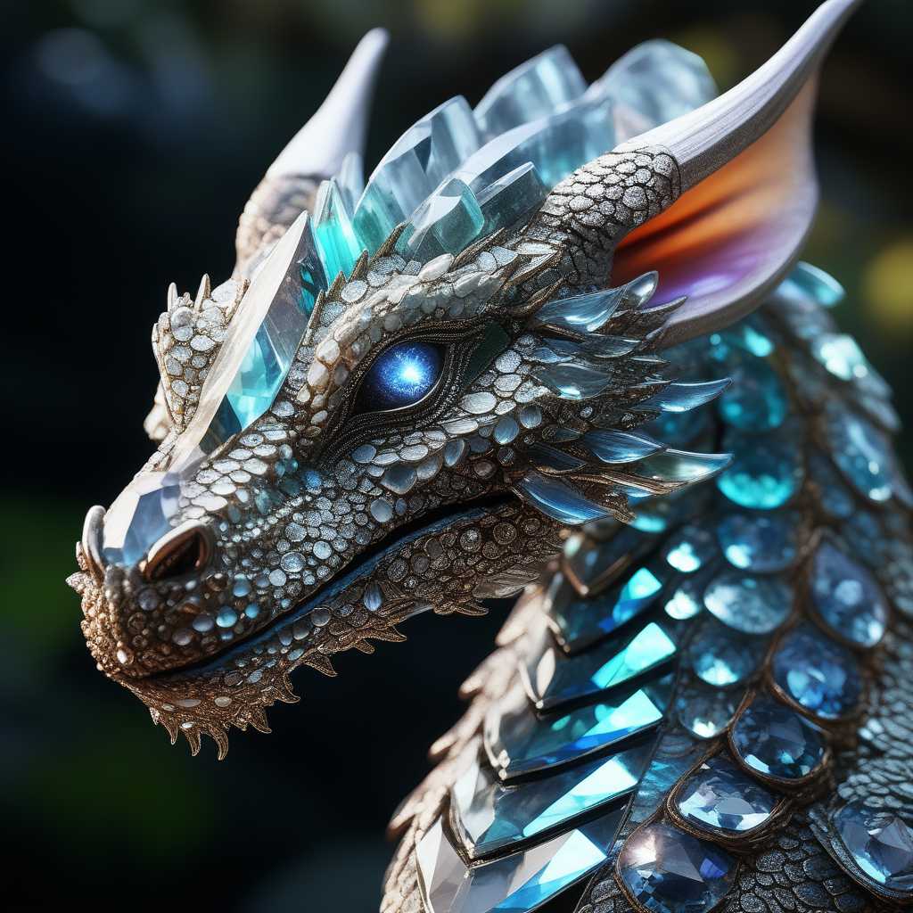 A beautiful portrait photograph of a dragon with diamond and gemstone scales, opal eyes, cinematic, gem, diamond, crystal, fantasy art, hyperdetailed photograph, shiny scales, 8k resolution