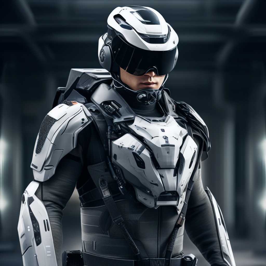 A striking photograph of a man dressed in futuristic soldier armor, featuring a gray digital camouflage pattern. His exoskeleton enhances his physical capabilities, allowing him to move and perform tasks with ease. Attached to the armor is a prominent power battery, which provides energy for the exoskeleton. The man is wearing a tactical modern helmet, which is equipped with various sensors and communication devices. The overall atmosphere of the photo is high-tech and cutting-edge, with a sense of grandeur and power., photo