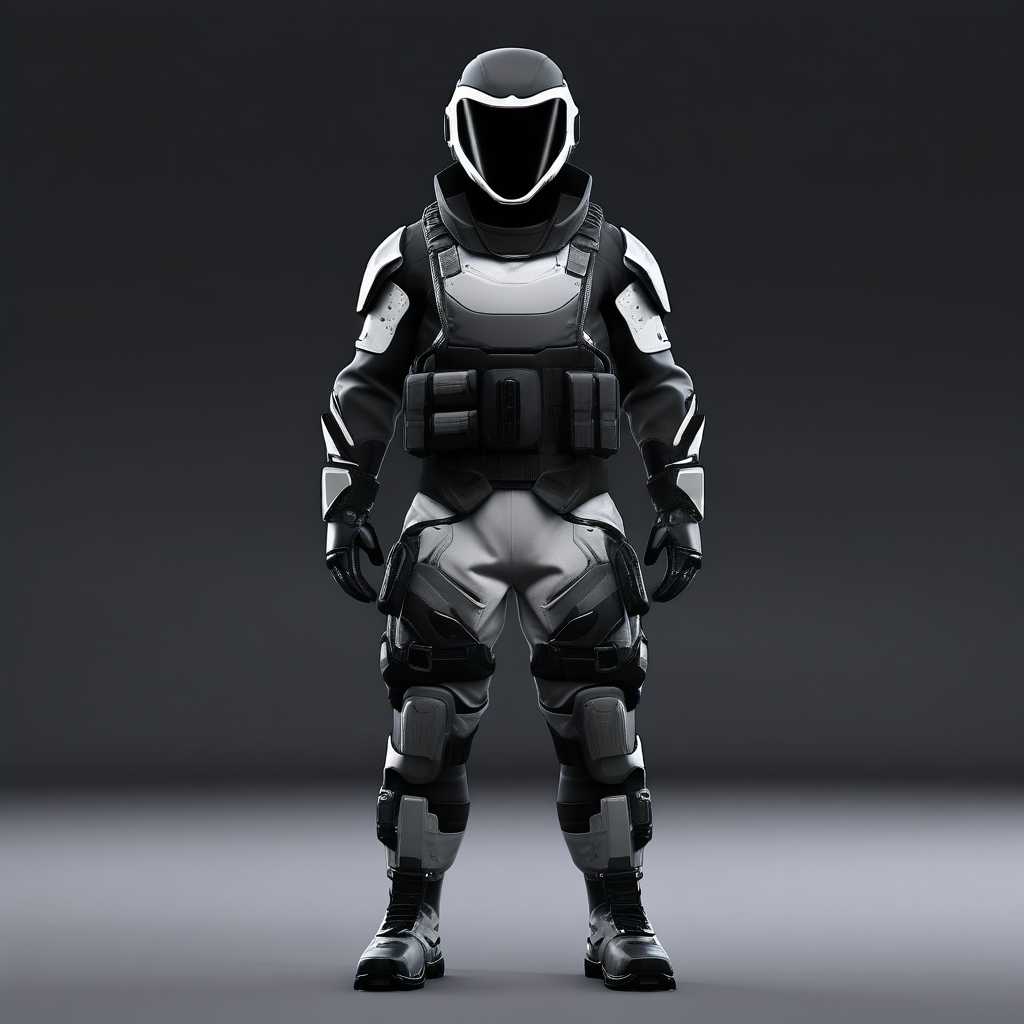 A stunning futuristic military uniform, rendered in 3D, featuring a black and grey camouflage pattern. The uniform includes a high-collared jacket, fitted trousers, and combat boots. The design incorporates advanced technology and sleek lines, with elements such as a helmet with a see-through visor and a chest plate with built-in weaponry. The overall feel of the piece is both menacing and technologically advanced., photo, illustration, 3d render