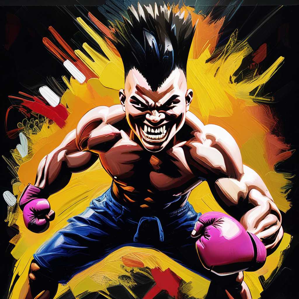 A captivating 3D render of a striking oil painting that displays a visually humorous caricature of a kickboxer. The powerful kickboxer, with an exaggerated head, wild mohawk, and comical facial features, is captured mid-kick, executing a brutal knee strike. The black canvas background accentuates the vibrant colors and bold lines of the caricature, creating a one-of-a-kind, unique masterpiece that combines illustration, portrait photography, and painting techniques., portrait photography, illustration, painting, 3d render