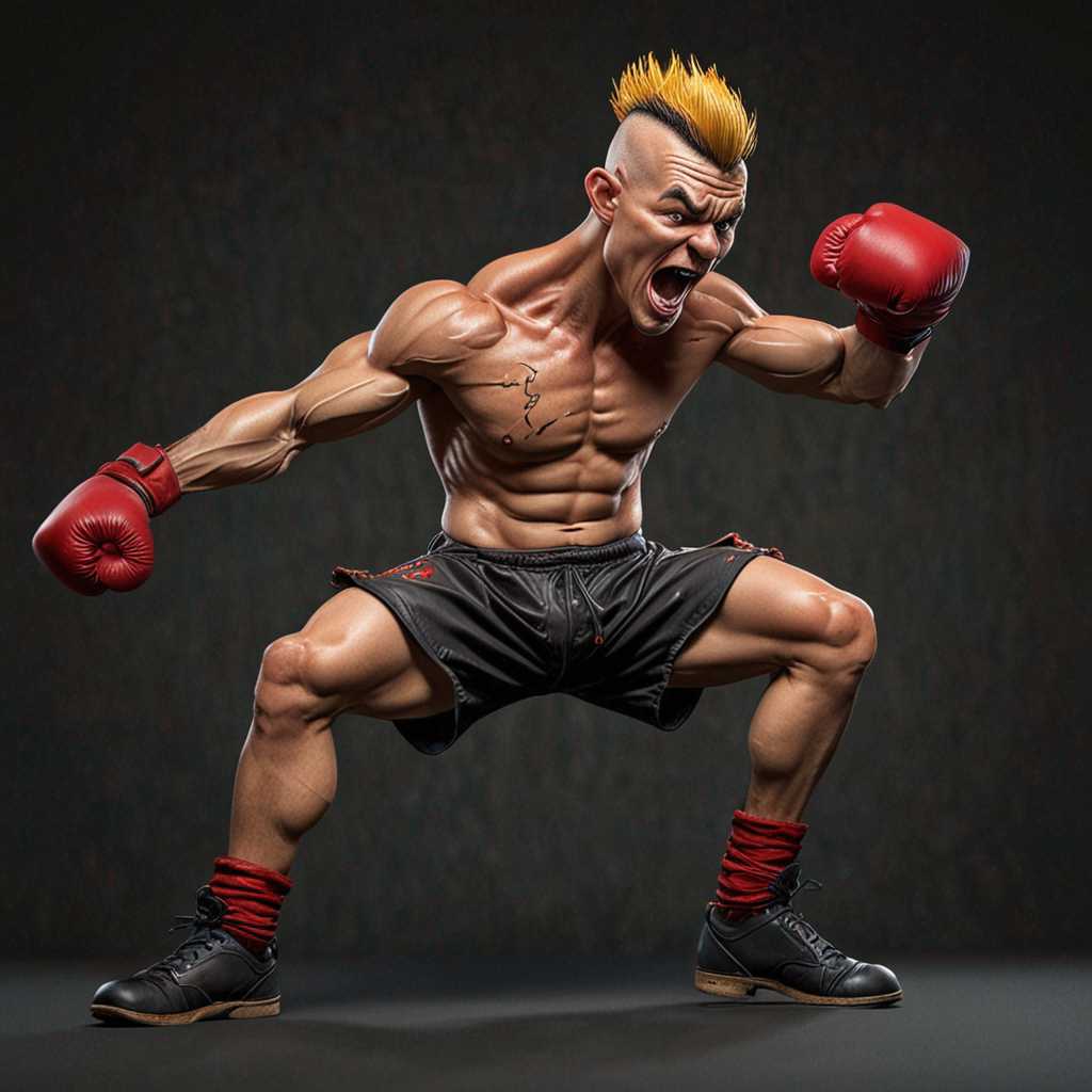 A captivating 3D render of a striking oil painting that displays a visually humorous caricature of a kickboxer. The powerful kickboxer, with an exaggerated head, wild mohawk, and comical facial features, is captured mid-kick, executing a brutal knee strike. The black canvas background accentuates the vibrant colors and bold lines of the caricature, creating a one-of-a-kind, unique masterpiece that combines illustration, portrait photography, and painting techniques., portrait photography, illustration, painting, 3d render