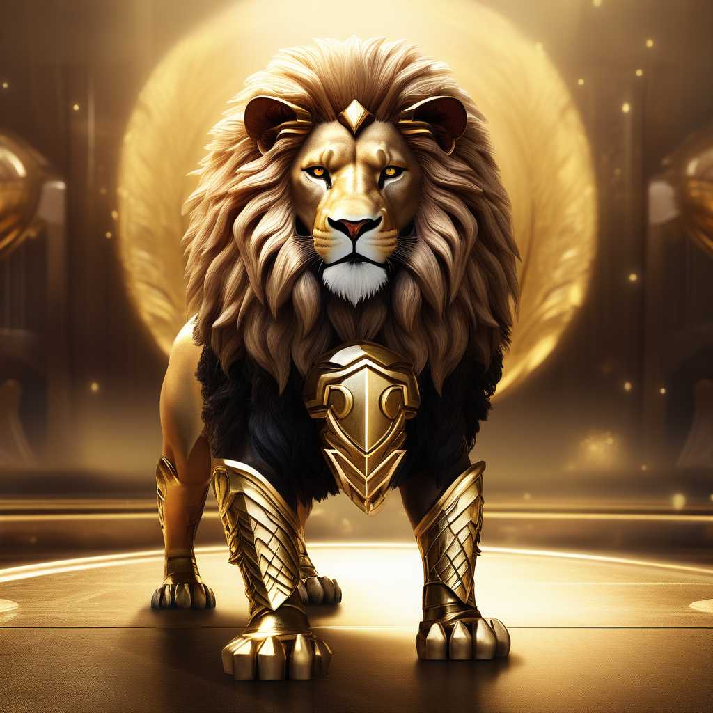 a lion in golden armor, 3D rendering vray