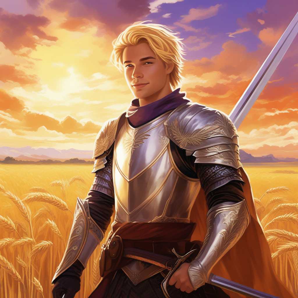 stunning painting of a knight with blonde hair, wheat field, epic clouds, ((painterly)), ((impressionist)), vibrant, soft edges, (((warm glow))),