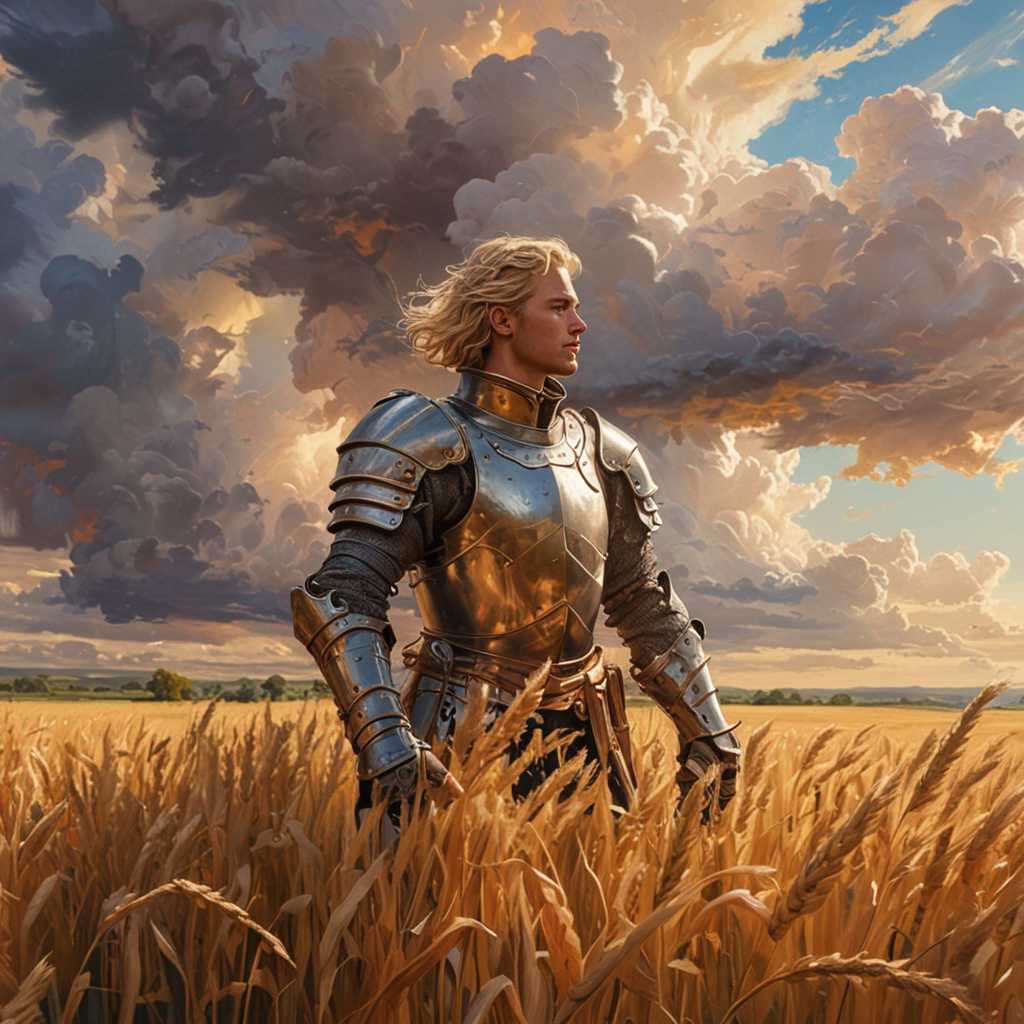 Golden Knight in a Field of Wheat Under a Dramatic Sky