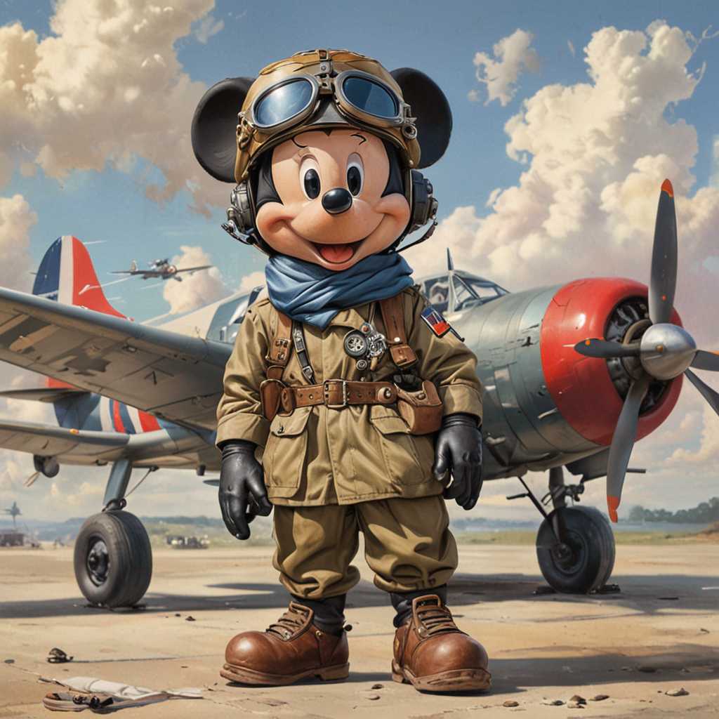 Mickey avec une tenue de pilote de la royal air force en 1940, il pose à coté de son avion, vibrant, illustration, très ressemblant à Mickey l'original