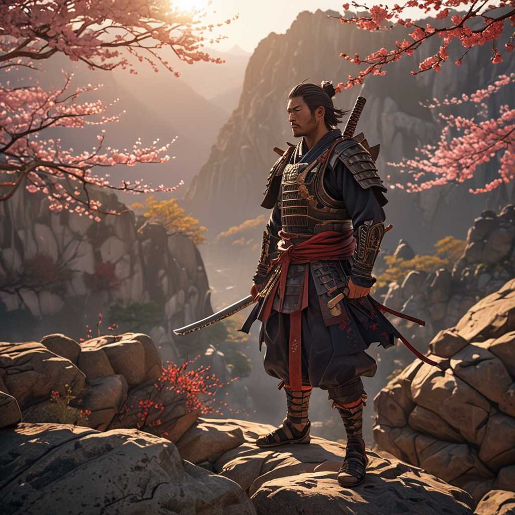 A stunning 3D render of a samurai warrior posed against a cliffside, with the setting sun casting a dramatic shadow on the rocky terrain. A cherry blossom tree adds a touch of softness to the scene, its petals gently floating through the air. The overall atmosphere is rich and cinematic, with vibrant colors and striking depth that captures the essence of traditional Japanese culture.