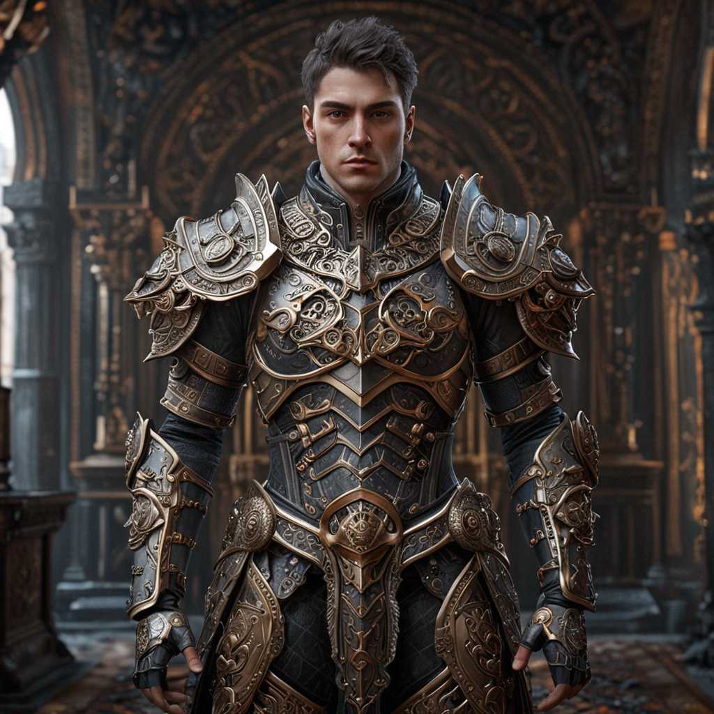 This image is a 3D rendered digital artwork, showcasing a character clad in a detailed and ornate armor. The art style is reminiscent of fantasy or science fiction, with a focus on intricate design and a high level of detail.

The medium appears to be a 3D modeling software, which allows for the creation of complex geometries and textures that can be manipulated to create a lifelike representation. The lighting and shadows in the image are also indicative of a 3D rendering technique, which adds depth and realism to the scene.

The colors in the image are rich and varied, with a dominant palette of blues and grays, accented by gold and bronze tones. The armor is primarily a metallic blue, with gold trim and patterns that give it a regal and ancient feel. The cape is a deep, royal blue, which contrasts nicely with the armor and adds to the overall sense of nobility and power.

Objects in the image include the character's armor, which is the focal point of the composition. The armor is segmented into plates and pieces, each with its own texture and pattern, creating a tapestry of metal and stone. The chest plate is particularly detailed, with a central emblem that resembles a flame or a sunburst, adding to the character's imposing presence.

The cape is a flowing piece of fabric that drapes elegantly over the character's shoulders and back, giving a sense of movement and grace. The texture of the cape is smooth and slightly translucent, with a gradient of blue hues that adds depth and realism.

The background of the image is dark and moody, with a smoky atmosphere that suggests a setting of mystery and danger. The lighting in the scene is dramatic, with highlights and shadows that emphasize the contours and textures of the armor and cape.

Overall, the image exudes a sense of power, nobility, and mystery, with a focus on detailed craftsmanship and a cinematic quality.